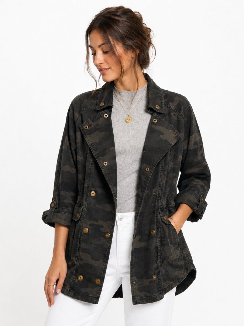 Anthropologie Marrakech Double-Breasted Jacket S Camo Green Cargo Safari Nature